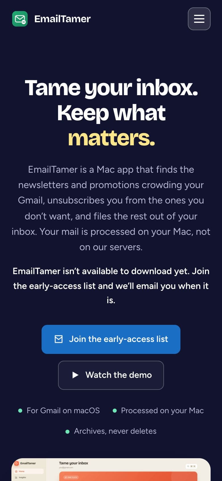 emailtamer.app home page: EmailTamer, a privacy-first Mac app for Gmail subscriptions
